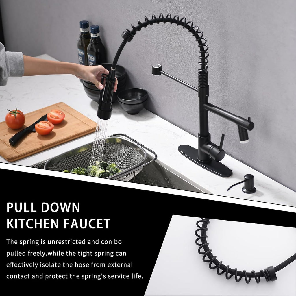 Matte Black Kitchen Faucet with Soap Dispenser Include 10 Inch Hole Cover Deck Plate