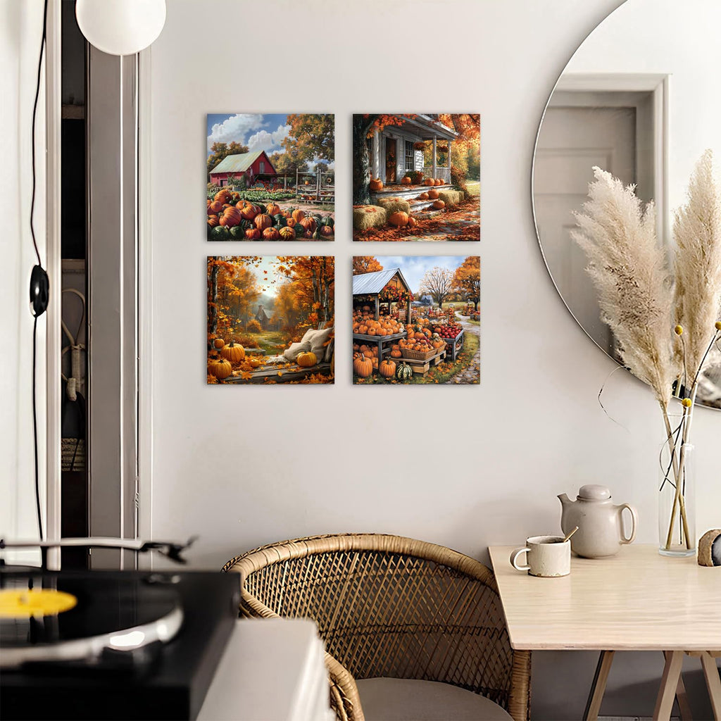 Rustic Fall Pumpkin Wall Art Farmhouse Barn Landscape Wall Decor Vintage Autumn Picture Bedroom Nature Country
