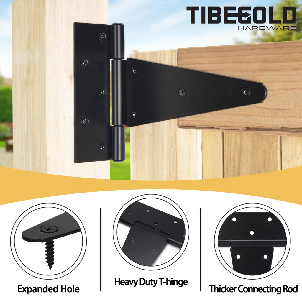 4 Inch T-Strap Gate Hinges, Heavy Duty Shed Door Hinges, Black Tee Hinges for Wooden Fences, Yard Gates, Rustproof