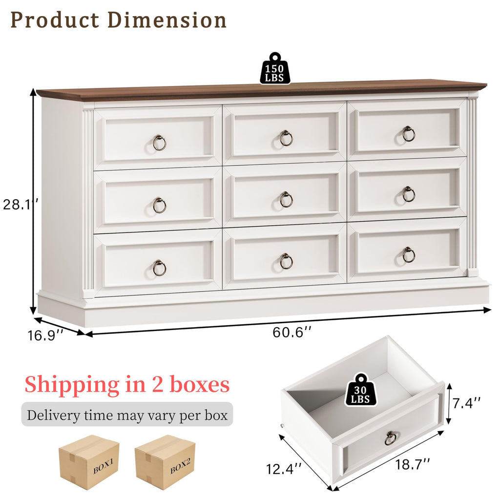 Farmhouse Dresser with 9 Drawers, 60" White Storage Chest of Drawers with with Roman Column, Wood Dresser