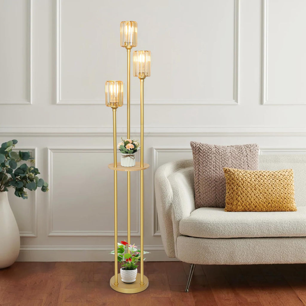Gold Standing Lamp with Shelf, Vintage Floor Lamp, Retro Floor Lamp with Table, Mid Century Tall Lamp with Amber