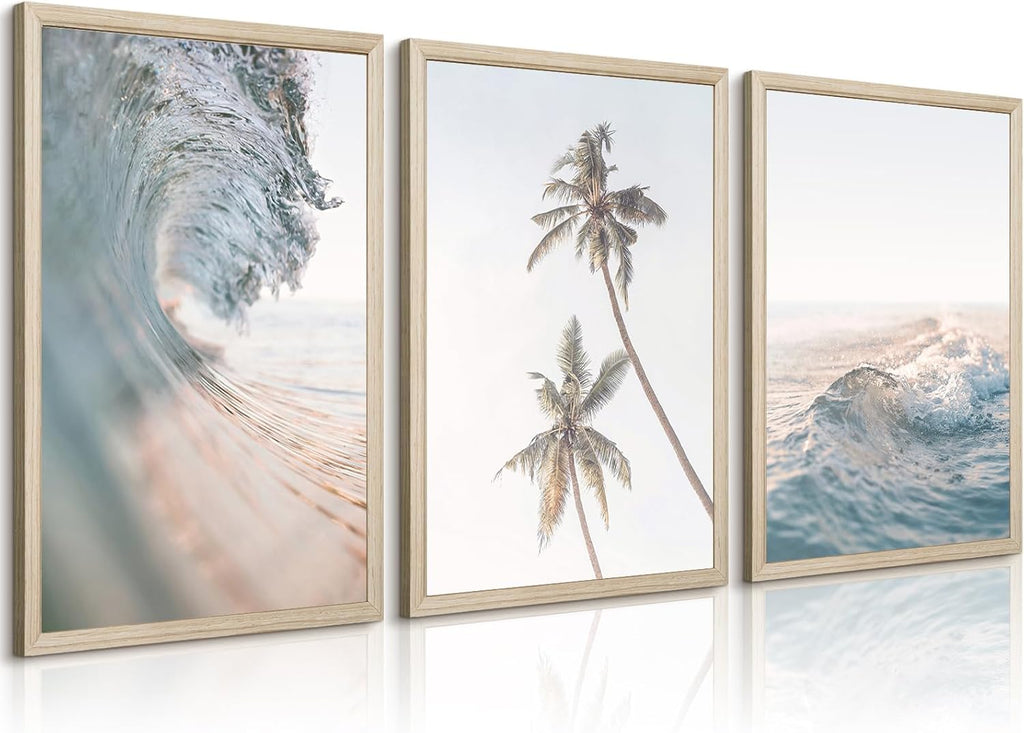 Beach Wall Art Decor Coastal Ocean Poster Palm Tree Canvas Wall Decor Beachy Room Aesthetic Pictures Blue Waves