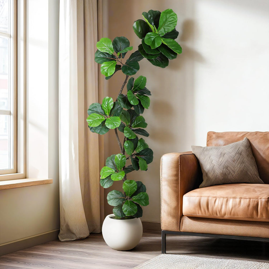Artificial Fiddle Leaf Tree, 7ft Faux Plant Fake Ficus Lyrata Trees with White Planter & Moss, Artificial Fig Trees