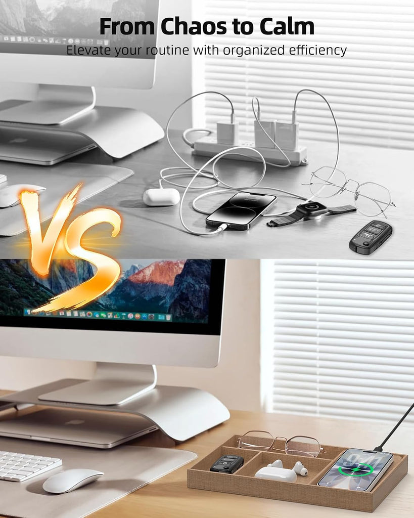 Valet Tray with Wireless Charger, Nightstand Organizer & Catchall Tray for Phone, Keys, Glasses and Accessories