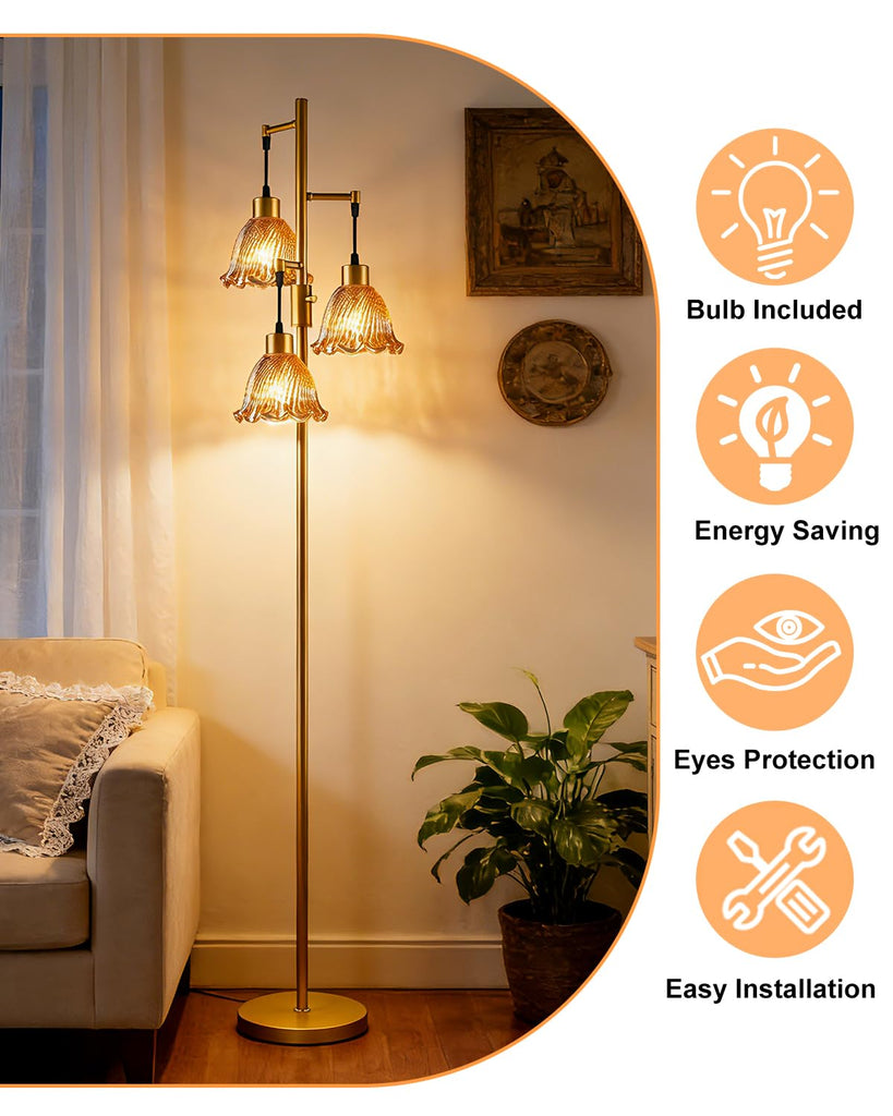 Amber Flower Glass Floor Lamp 3-Light Dimmable Gold Floor Lamps
