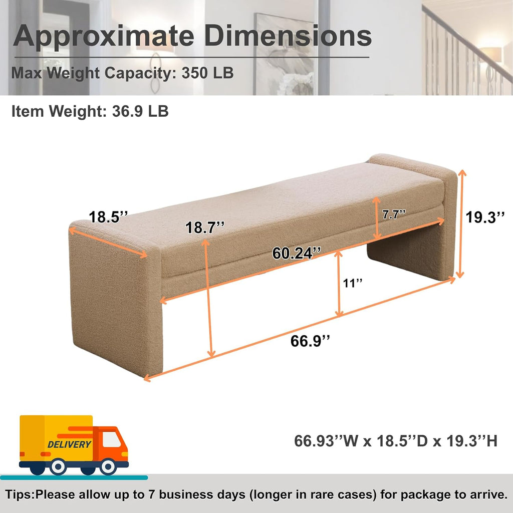66.9" W Modern Boucle Shoe Bench King Size End of Bed Bench, Wheat. | Shoe Ottoman Upholstered King Size End of Bed
