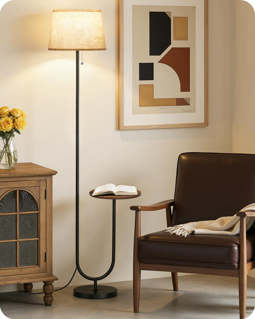 Floor Lamp with Side Table, Standing Lamp with Tray, Pull-Chain Switch, 3 Color Temperatures, 9W LED Bulb Included