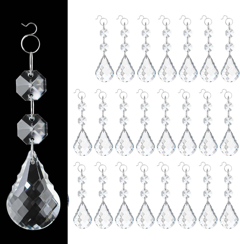 24 Pcs 38mm Clear Crystal Teardrop Pendants with Hook, Chandelier Prisms Replacement Parts