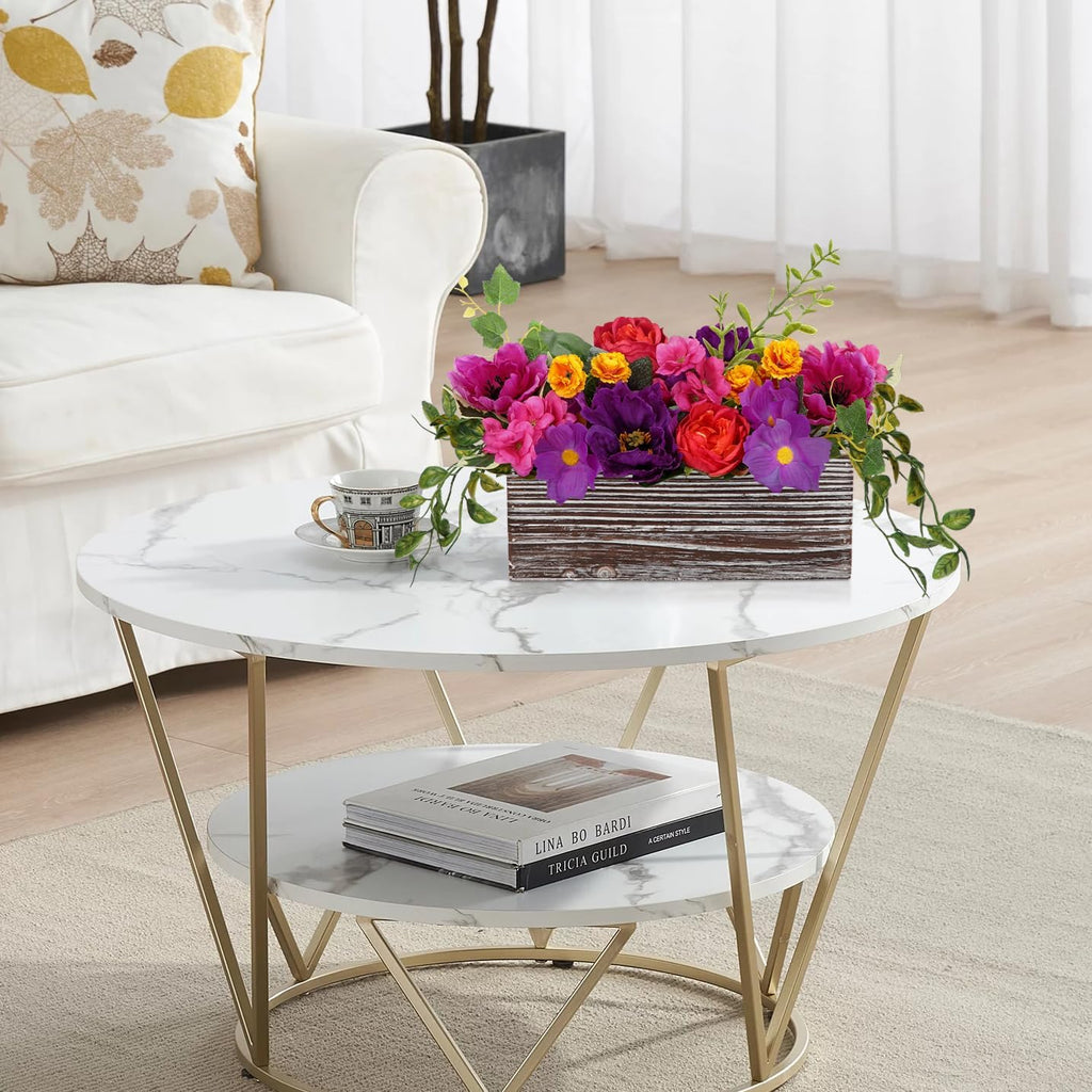 Flower Arrangement with Wooden Vase 10" Artificial Flowers in Pot - Fake Flowers in White Rectangular Wooden Vase