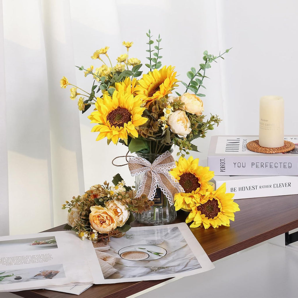 Fake Flowers in Vase, Artificial Flowers with Vase Faux Silk Floral Arrangement Table Centerpieces Decor Dining