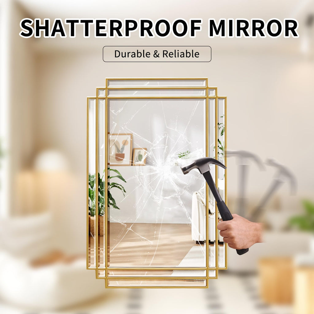 36"x24" Rectangle Beveled Wall Mirror with Gold Geometric Frame