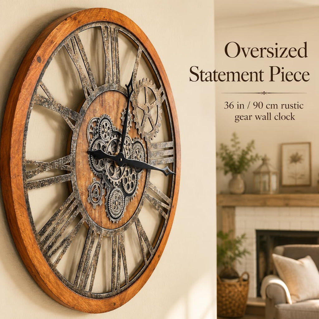 The B-Style 36" Large Moving Gear Wall Clock Oversized Vintage Farmhouse Wall Clocks Decor Rustic Industrial Wood