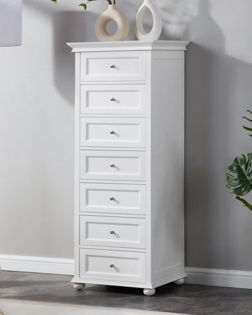 Tall Skinny Dresser with 7 Drawers, White Narrow Wood Dresser | Tall Vertical Chest of Drawers Dresser for Closet