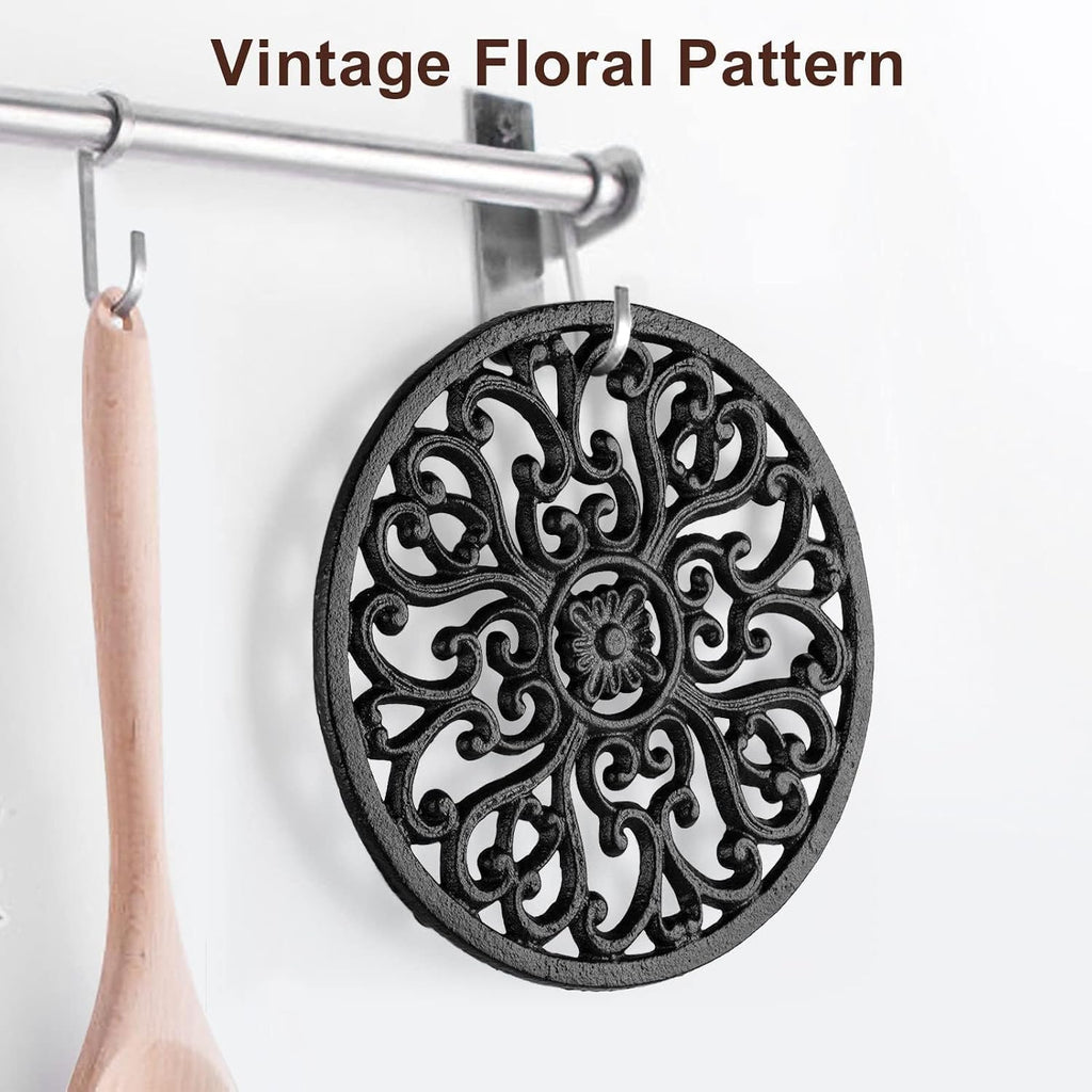 Round Cast Iron Trivet, 6.7 Inch Heavy-Duty Trivets for Hot Dishes, Pots and Pans, with Rubber Feet Non-Slip - Set of 2