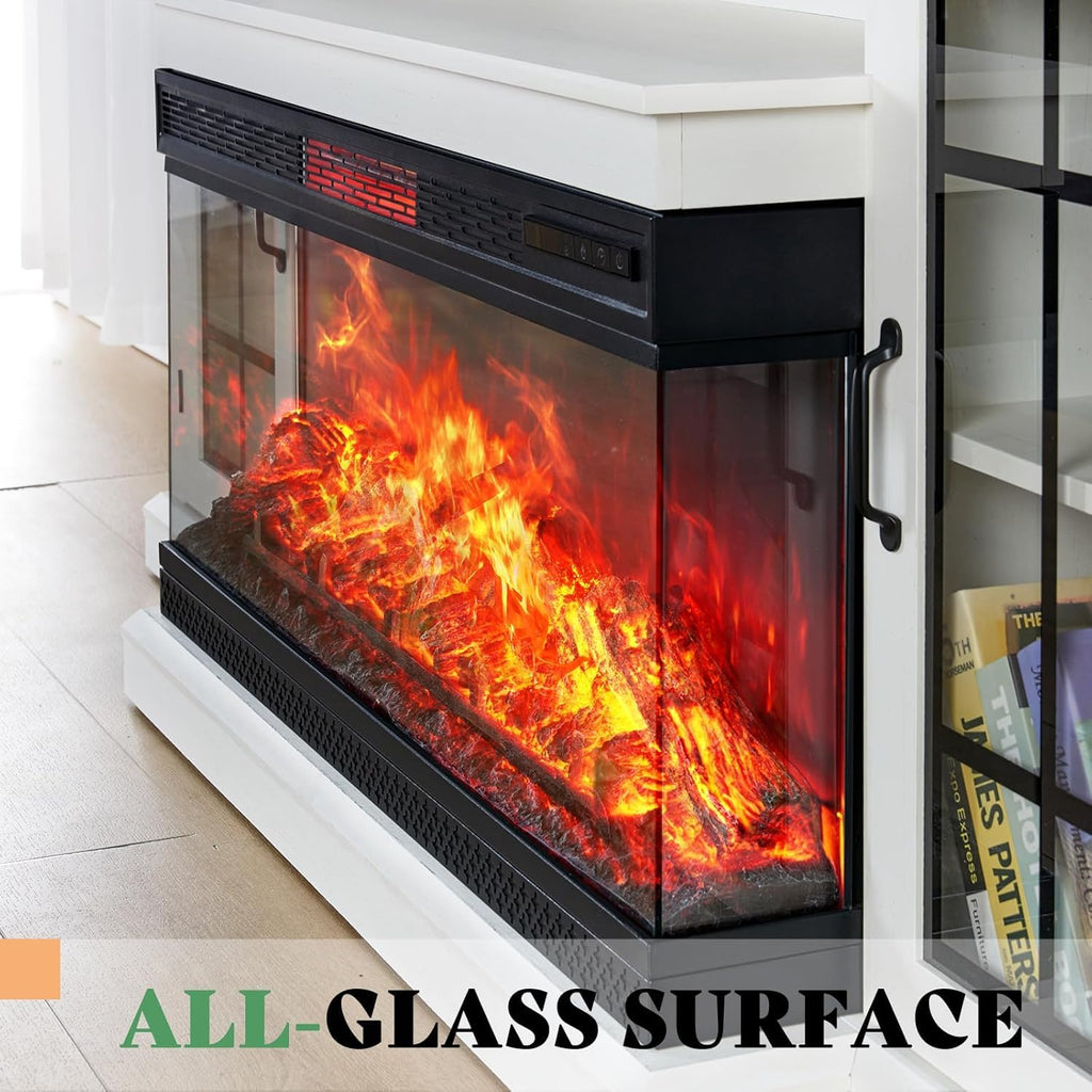 75in 3-Sided Glass Fireplace TV Stand for TVs up to 85", Rustic Fireplace Media Entertainment Center Console Table
