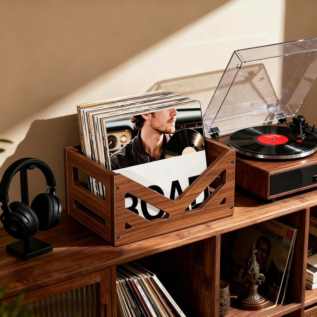 Solid Wood Vinyl Record Storage Crate 45+ V-Shaped Album Holder