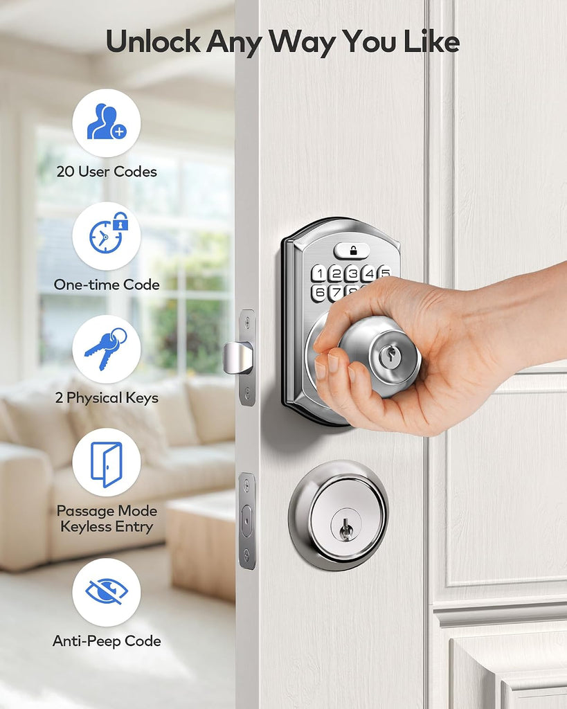 Keypad Door Knob Lock, Keyless Entry Door Handle, Satin Nickel