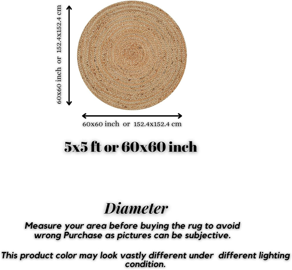 Hand Woven Jute Area Rug - Circle Boho Round Jute Rug 5 Foot | 5' Round - Rustic Beige Reversible Farmhouse Rugs