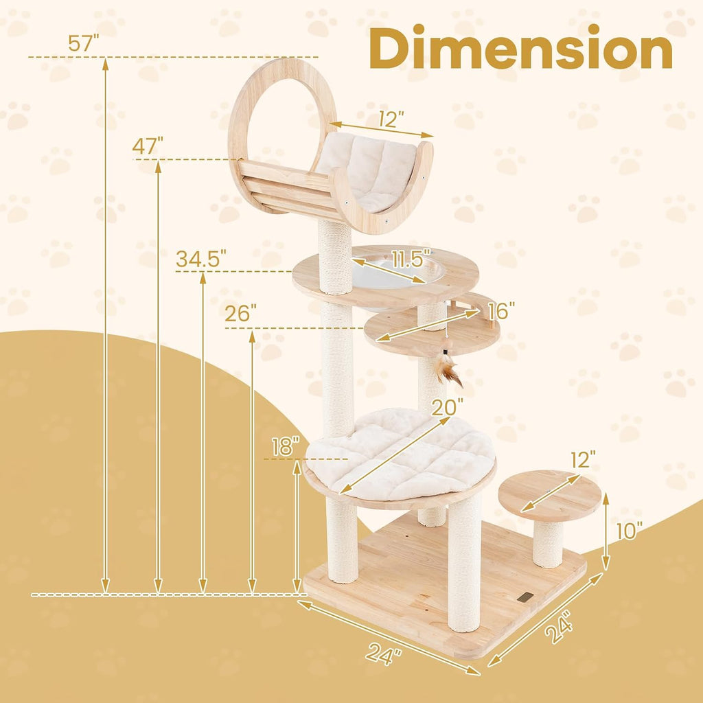 57 Inches Tall Wooden Cat Tree, Multi-Level Cat Tower with Scratching Posts, Space Capsule Bed, Padded Platform