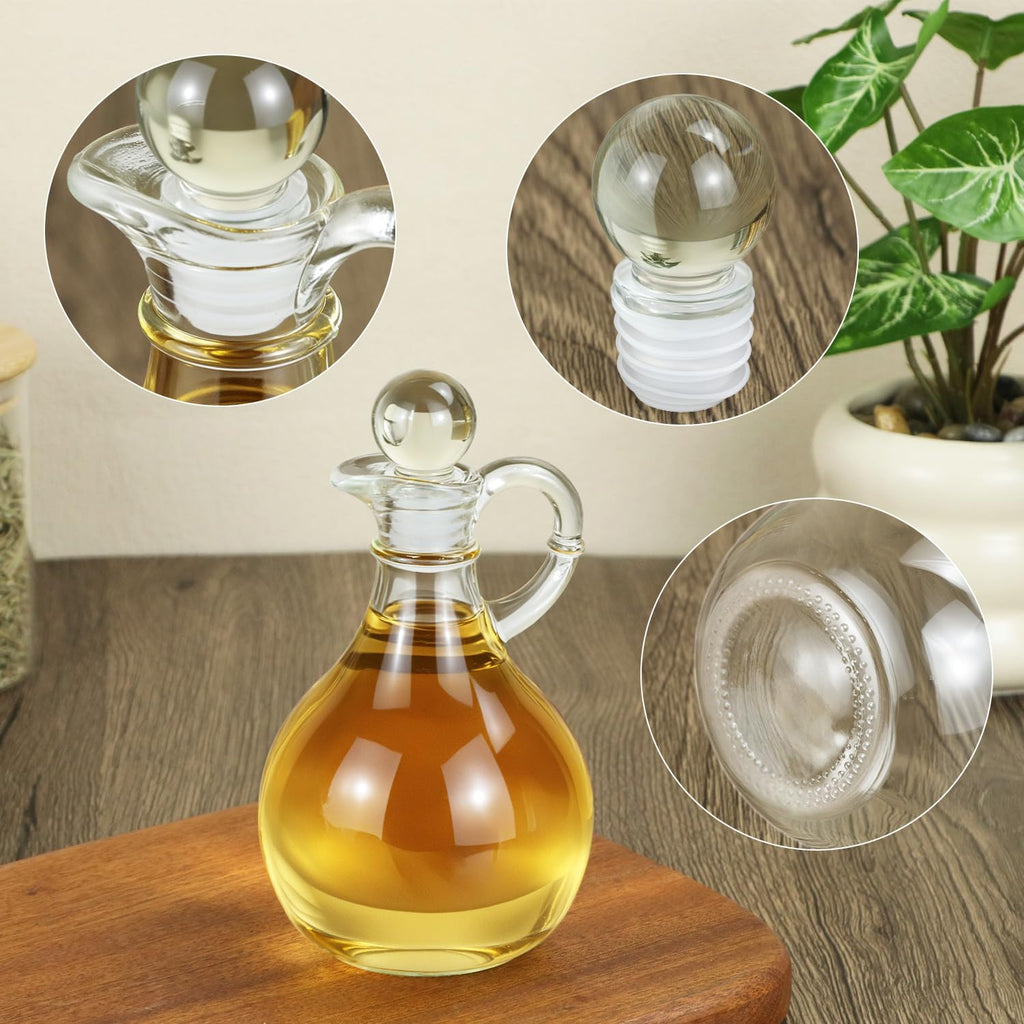 Glass Oil and Vinegar Cruets, 8oz Clear Glass Olive Oil Dispenser Bottles with Airtight Stoppers, Round - Set of 2