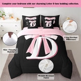 Jejeloiu Kids Girls Black Pink Bow Comforter Set with Sheets Queen Monogrammed 7 Piece Bedding Set Personalized