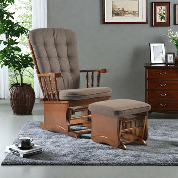 Anti-Pinch Glider Chair with Ottoman , Antique Espresso | Solid wood glider rocker with high back cushion, anti-pinch