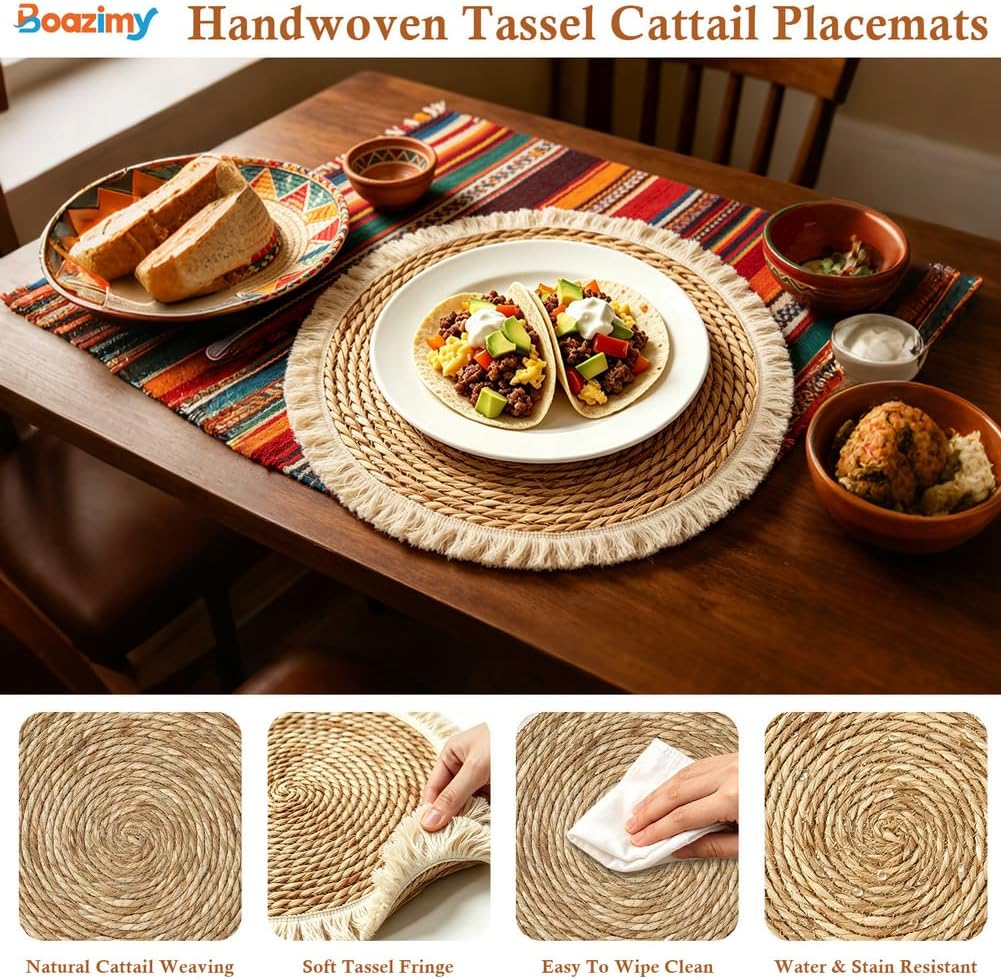 Inch Tassel Round Bulrush Placemats Bulk Set - Set of 30