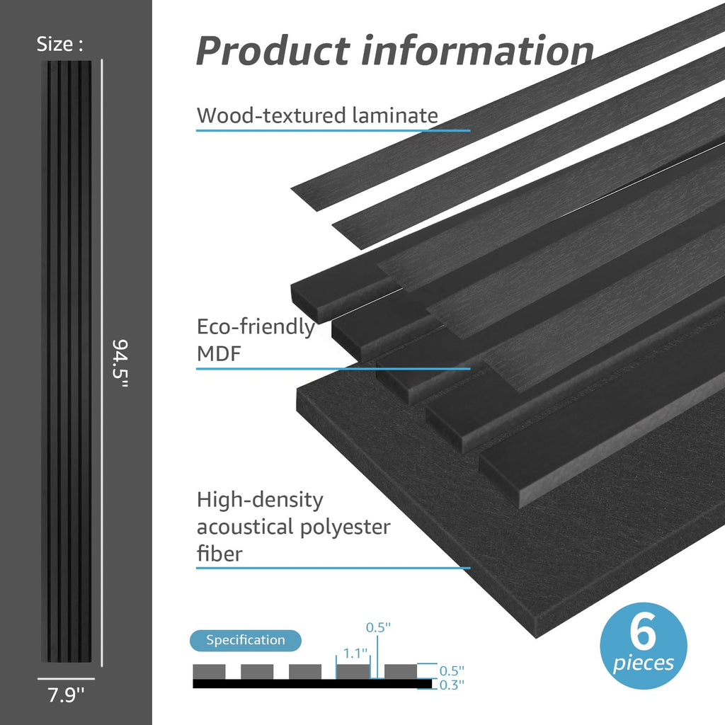 6-Pack Soundproof Wood Slat Wall Panel, 94.5 x 7.9 in, Matte Black