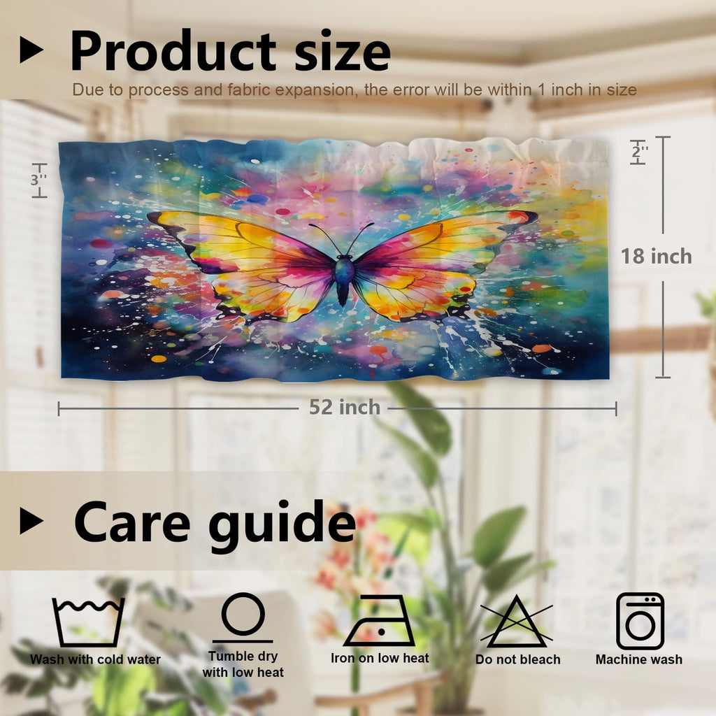Butterfly Colors Blackout Kitchen Curtain, Colorful Butterfly in Flight Window Treatment Rod Pocket Light Filtering