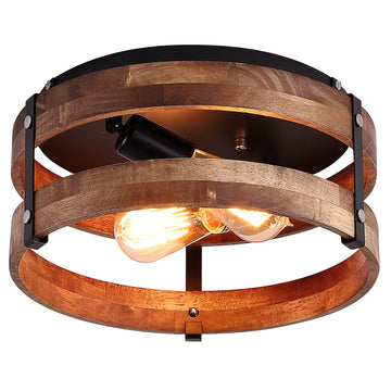 2-Light Rustic Flush Mount Light Fixture Oak Wood Round Drum Semi Flush Mount Ceiling Light Bedroom Kitchen Entryway