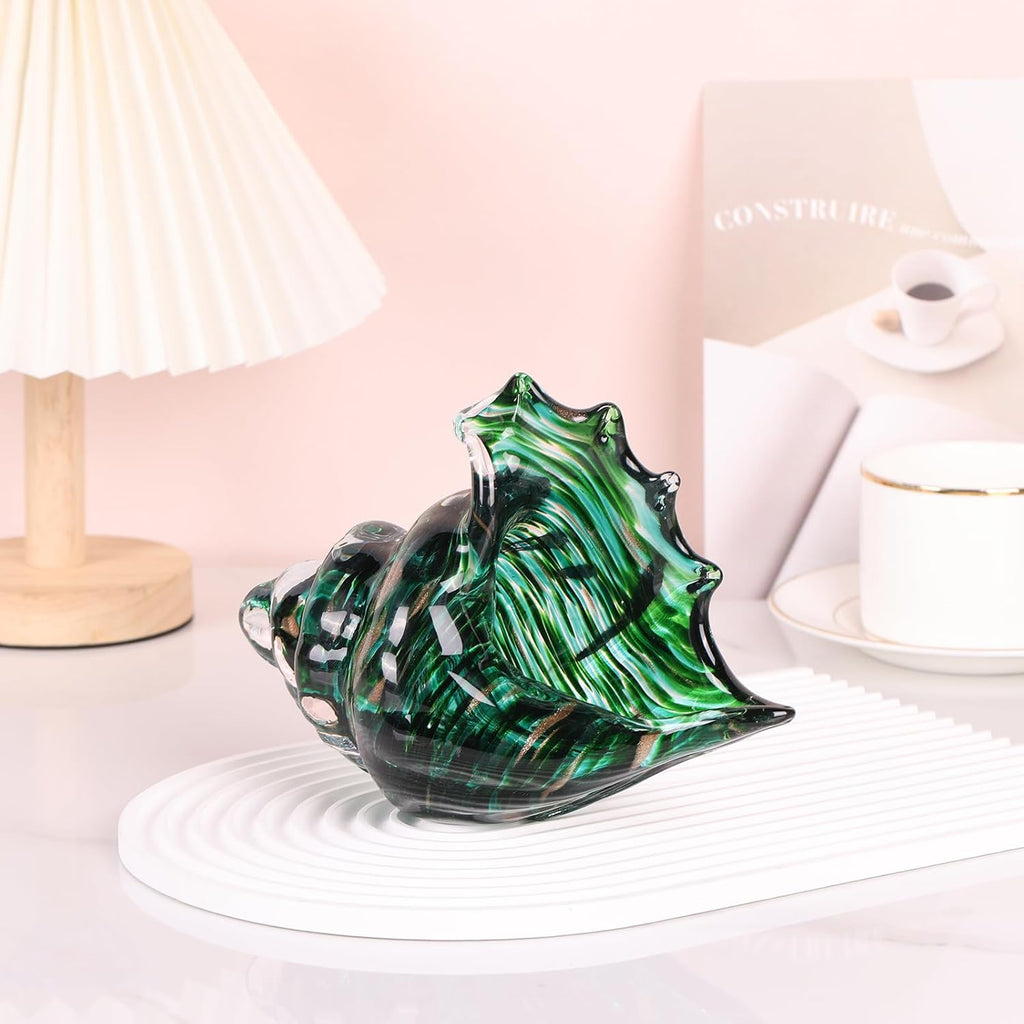 Hand Blown Glass Conch Shell Sculpture, Sea Glass Art Figurines, Beachy Room Decor, Teal Conch Shell Decorative