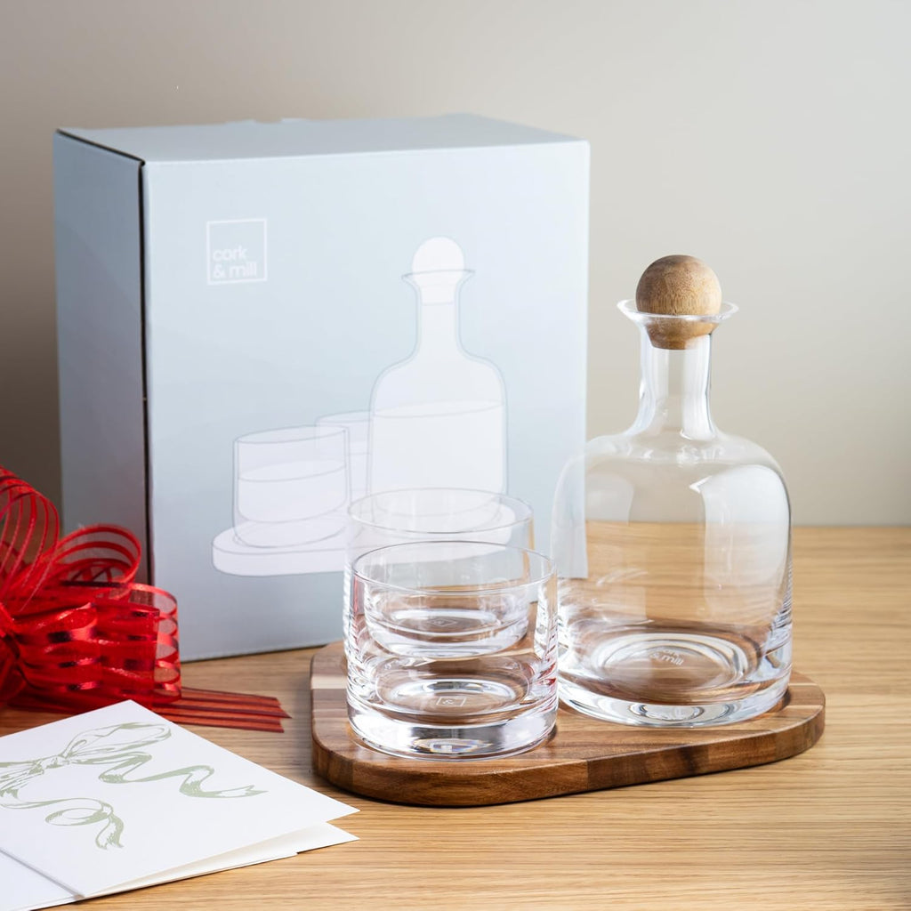 Whiskey Decanter Set with Glasses, Wood Tray and Stopper - Set of 5