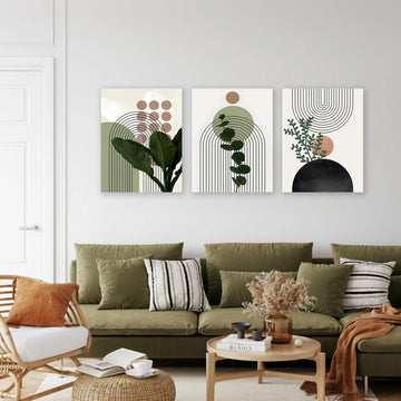 Sage Green Boho Wall Art, Abstract Framed Canvas Wall Art Palm Leaf Sun Moon Line Beige Green Wall Decor, Minimalist