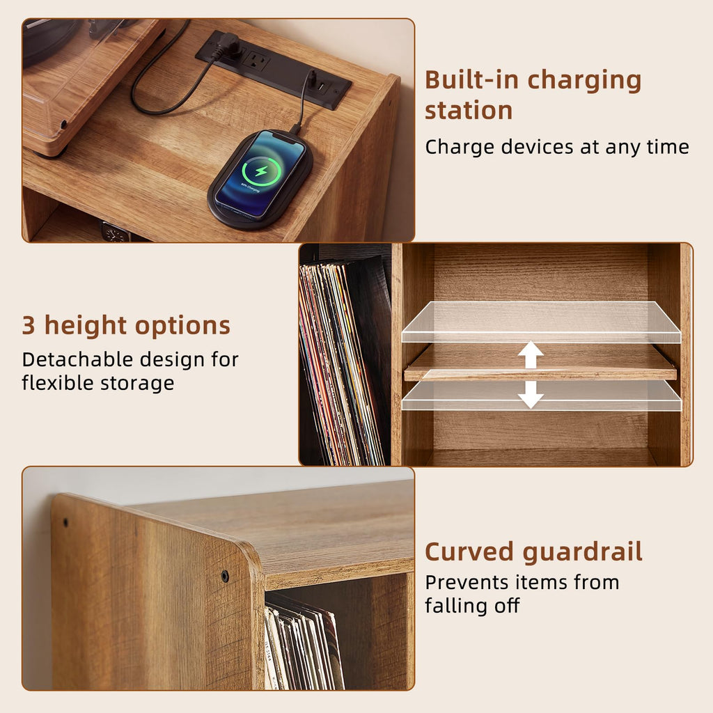 32" Large Record Player Stand with Charging Station, Rustic Brown