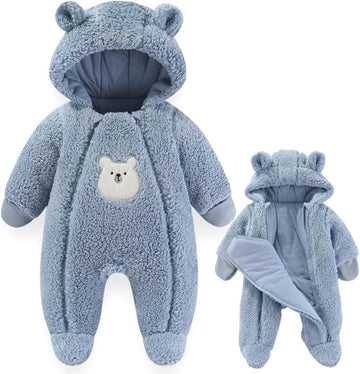 Baby Winter Snowsuit Bear Thick Romper Footie Double Zip Hooded Jumpsuit Fleece Coat Infant Boy Girl