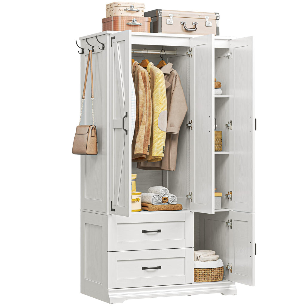 Armoire Wardrobe Closet 71" with 4 Doors & 2 Drawers, White