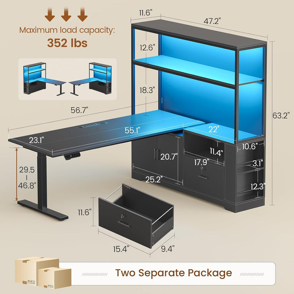 57" L Shaped Standing Desk, Sit Stand Office Desk with Storage Hutch | Black Reversible Stand Up Corner Gaming Desk