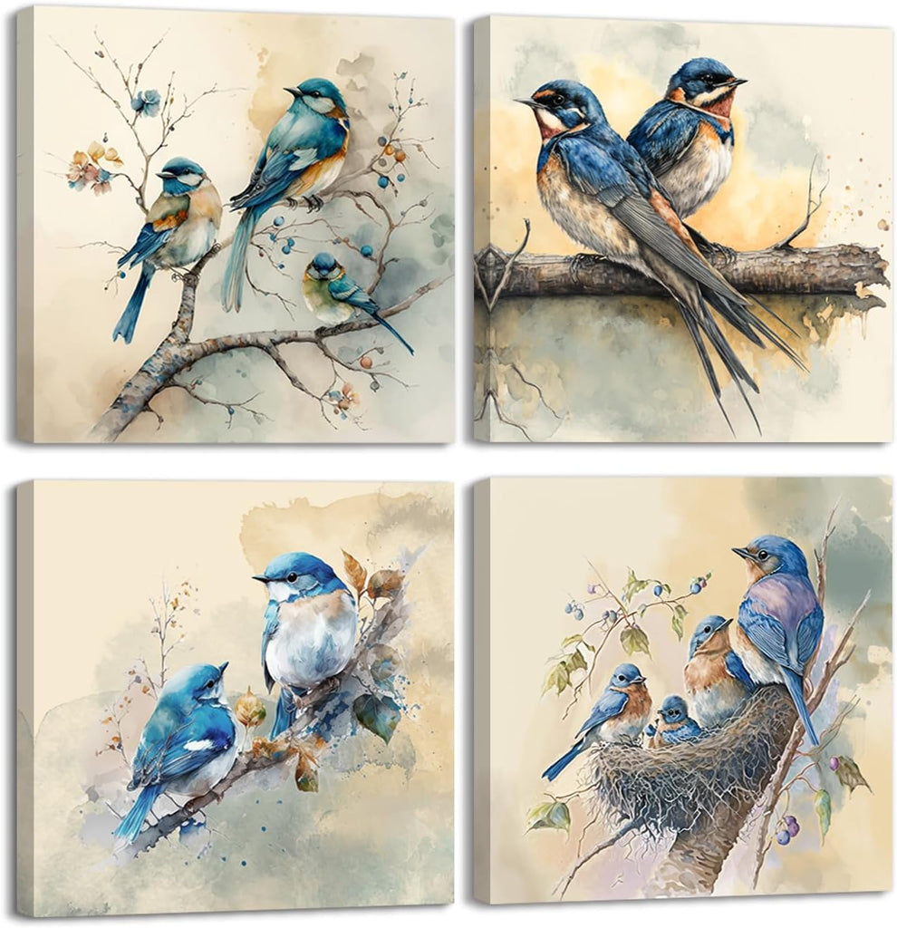 Blue Bird Stretched Canvas Wall Art for Bathoom Bedroom Home Decoration, Beautiful Lively Animal Family Picture Print