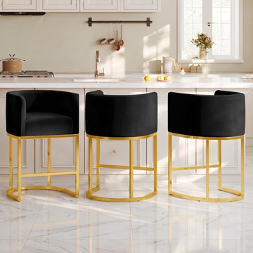 Modern Counter Height Bar Stools, Bar Stools Set of 3, Velvet Fabric Upholstered Barrel Barstools with Backs, 26''