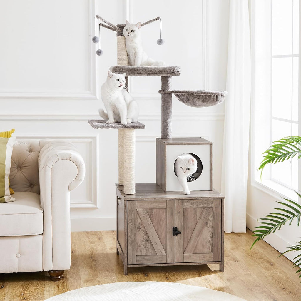 Cat Tree Tower with Litter Box Enclosure Indoor, Wooden Cat Condo with Scratching Posts, Litter Box Furniture Hidden