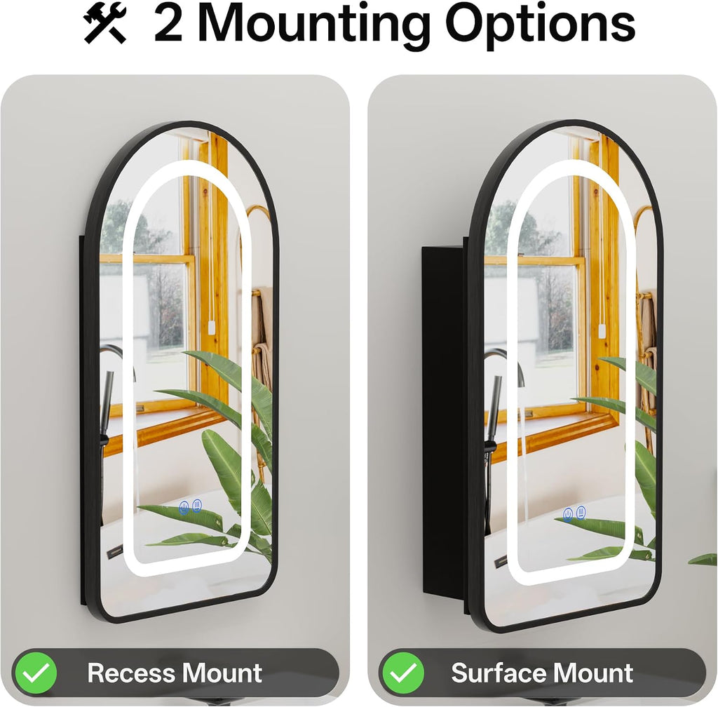 Bathroom Medicine Cabinet with LED Mirror, Anti-Fog Lighted Mirror Cabinet, Recessed or Surface Mount, No Assembly