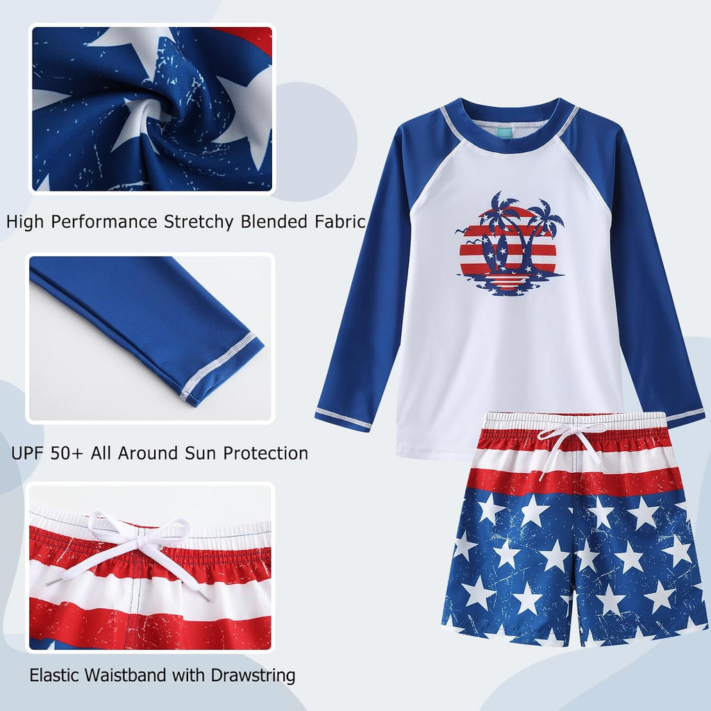 Boys Two Piece Rash Guard Swimsuits Set with Swim Trunk Kids Long Sleeve Bathing Suit Swimwear Set