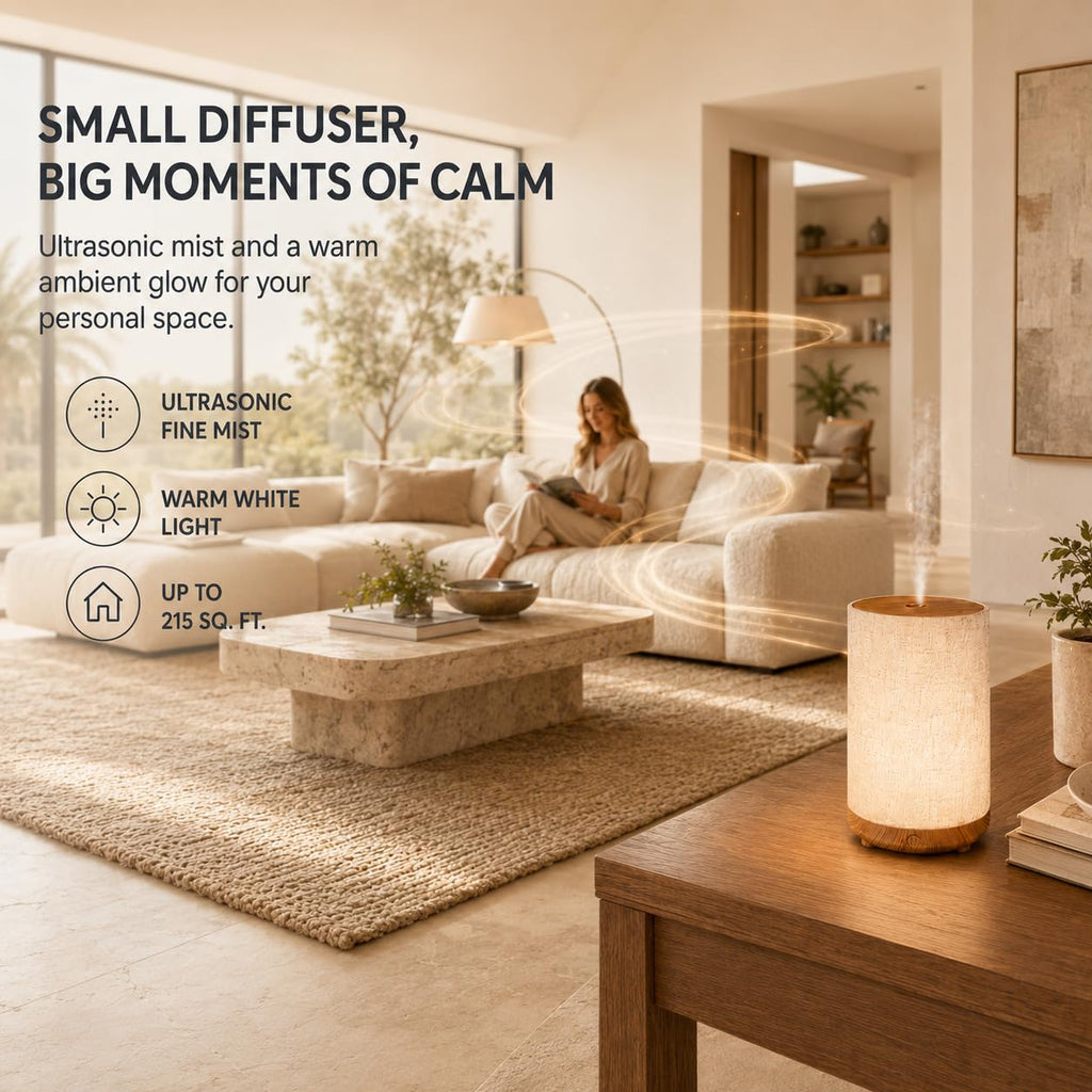 Essential Oil Diffuser, 80ML Ultrasonic Aroma Diffuser with Warm White Light, Continuous & Intermittent Mist