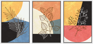 Framed Wall Art Print Set Geometric Mid-Century Color Block Plant Silhouettes Abstract Nature Illustrations Modern