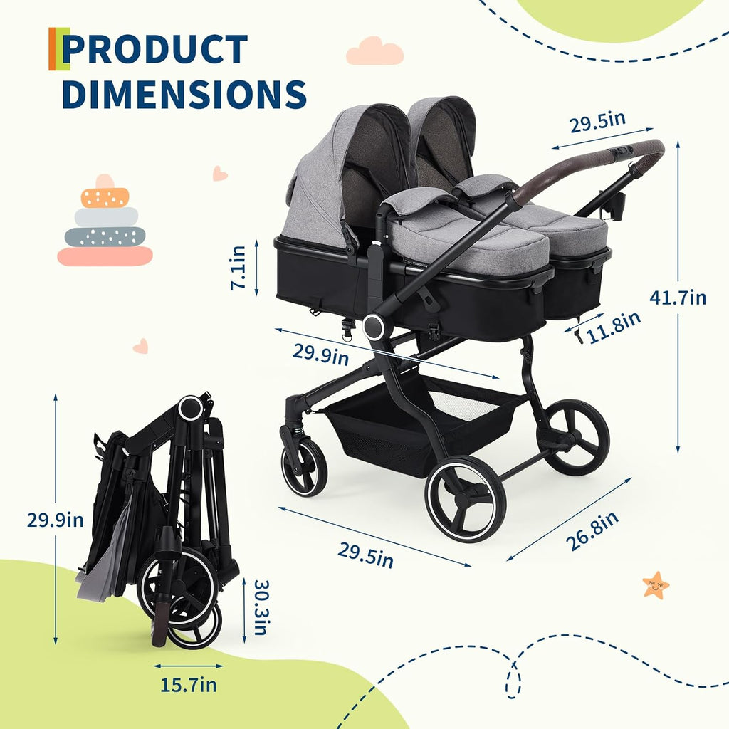 Side by Side Double Stroller for Twins, Lightweight Compact Foldable Baby Travel Stroller with High Landscape Seat