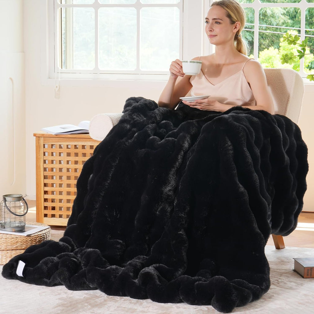 Faux Fur Throw Blanket for Couch Bed - Fluffy Soft Thick Bubble Blanket Home Decor - Fathers Day Birthday Gifts for