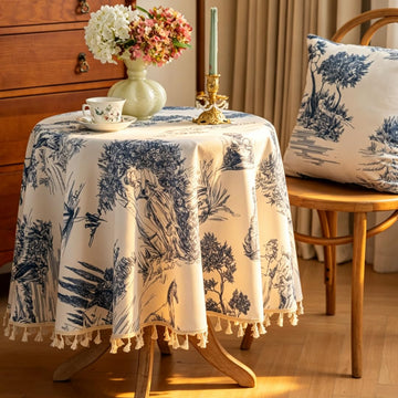 60 Inch Round Vintage Cotton Linen Tablecloth with All-Side Handmade Tassels, Blue White Classic Toile De Jouy