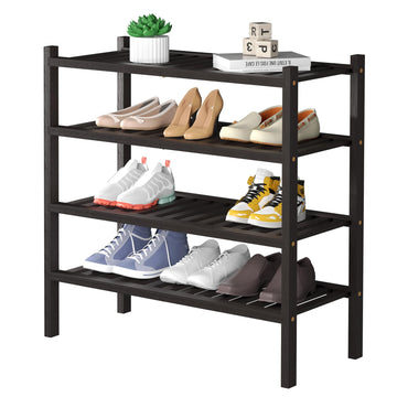 4 Tier (Thick) Bamboo Shoe Rack for Closet Free Standing Wood Shoe Shelf Small Space Stackable 27"x12"x28" (Black