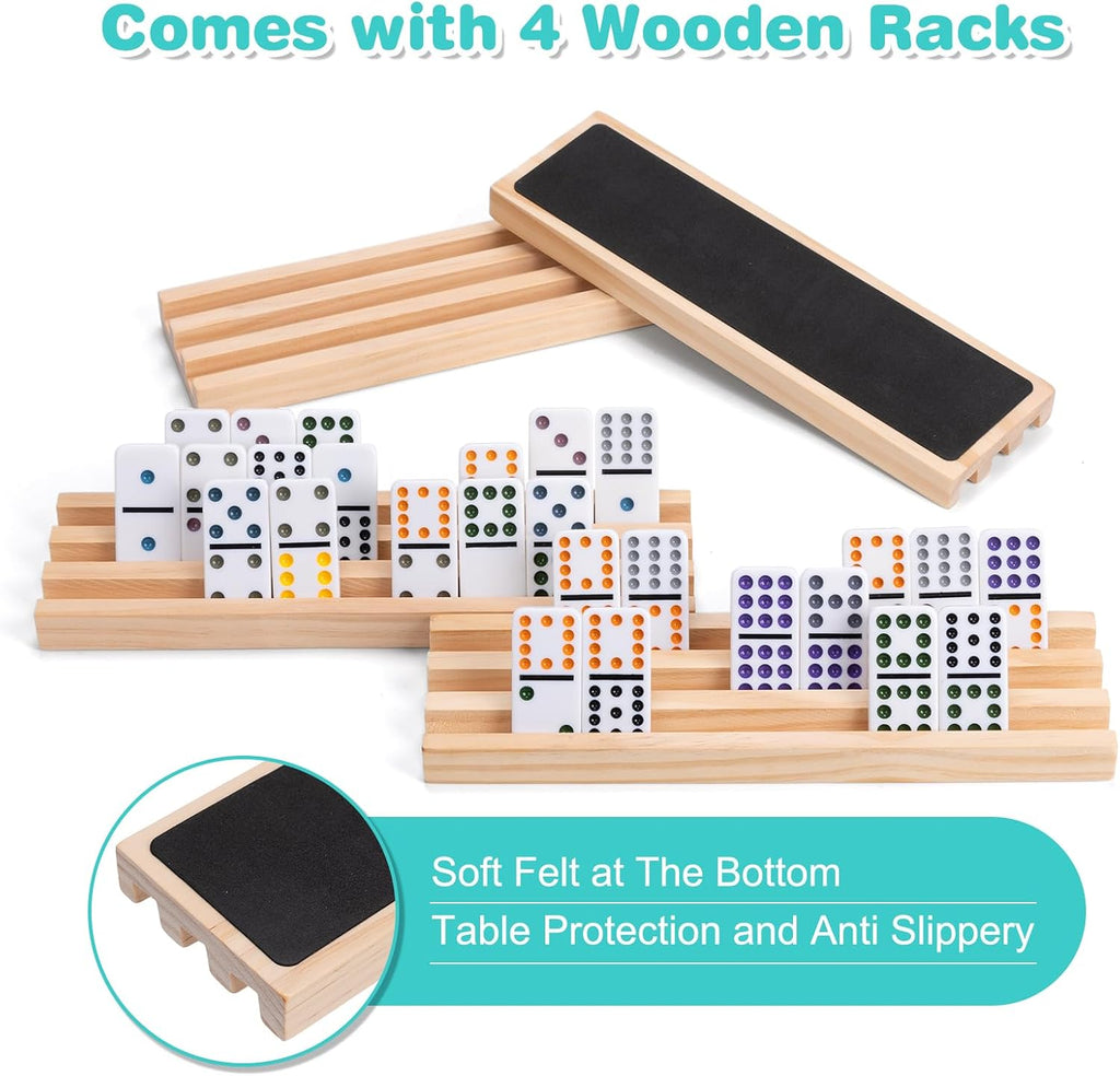 Mexican Train Dominoes Set 4 Wooden Racks Double 12 Game 91 Dot Tiles