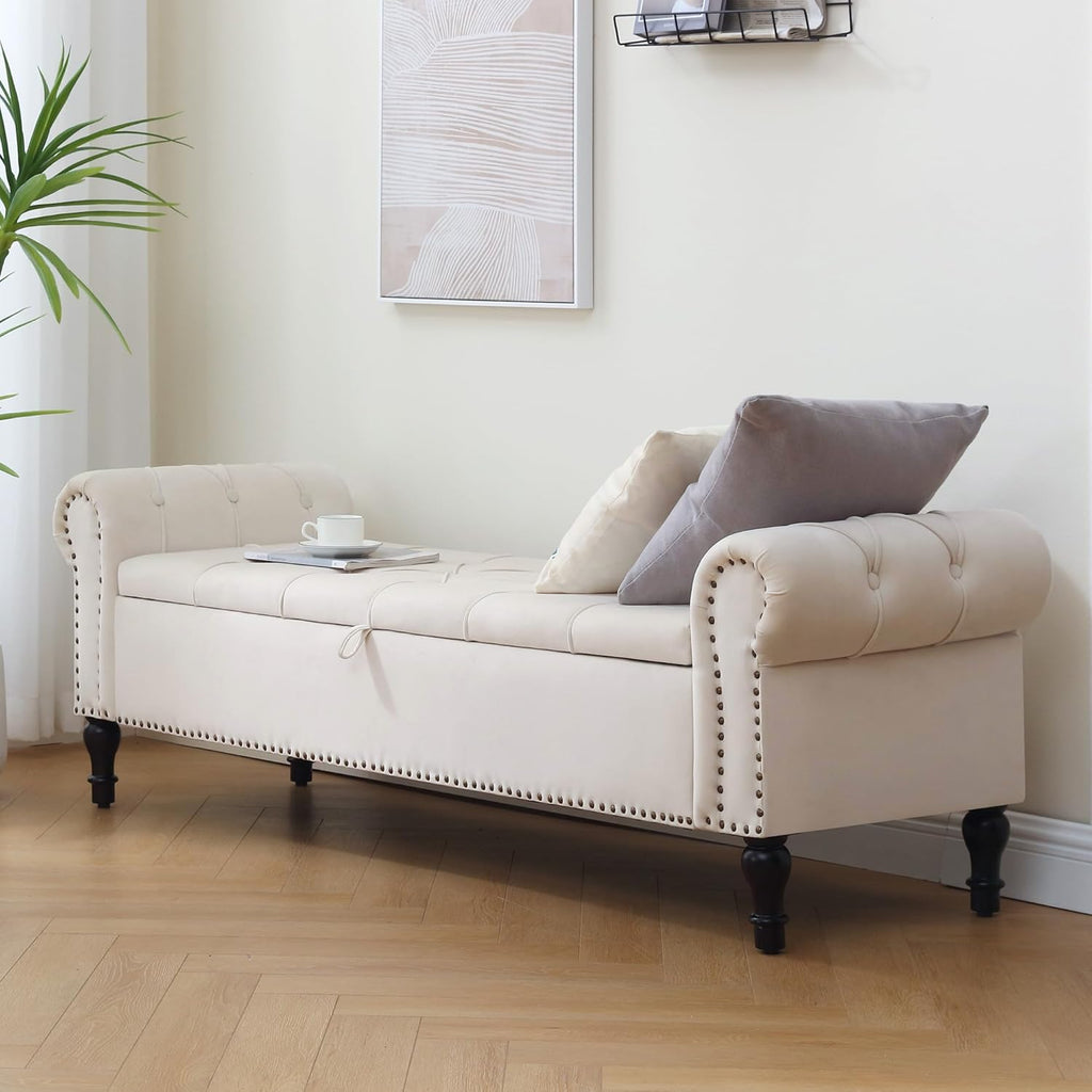 Storage Bed Bench , Velvet 67" End of Bed Benches, King Size Bench with Armrest, Tufted Button Upholstered Ottoman